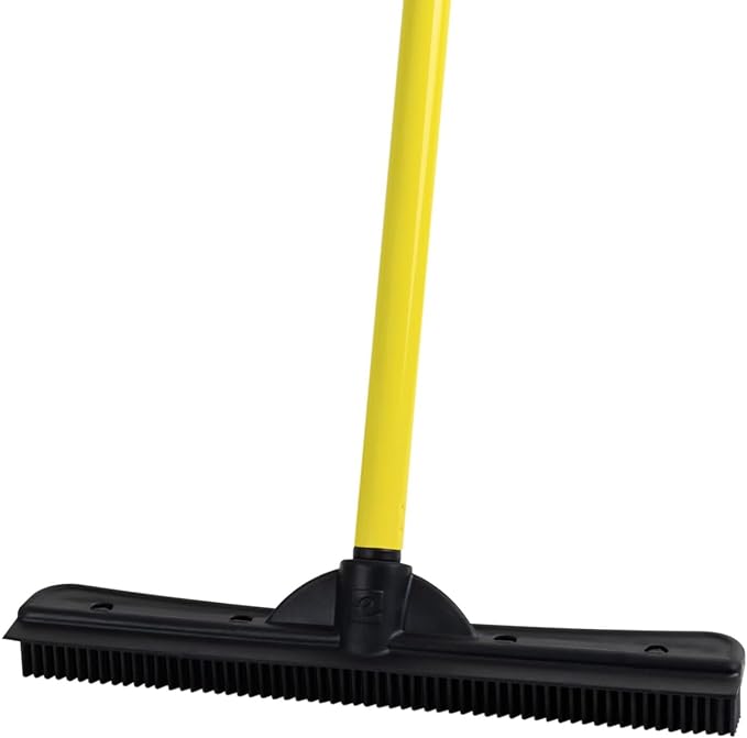 FURemover Original Indoor Pet Hair Rubber Broom with Carpet Rake and Squeegee, Black and Yellow