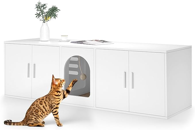 Amunrbrek Litter Box Enclosure for 2 Cats, Cat Litter Box Enclosure Furniture with Double Room, Wooden Litter Box Furniture with Cat Door, White