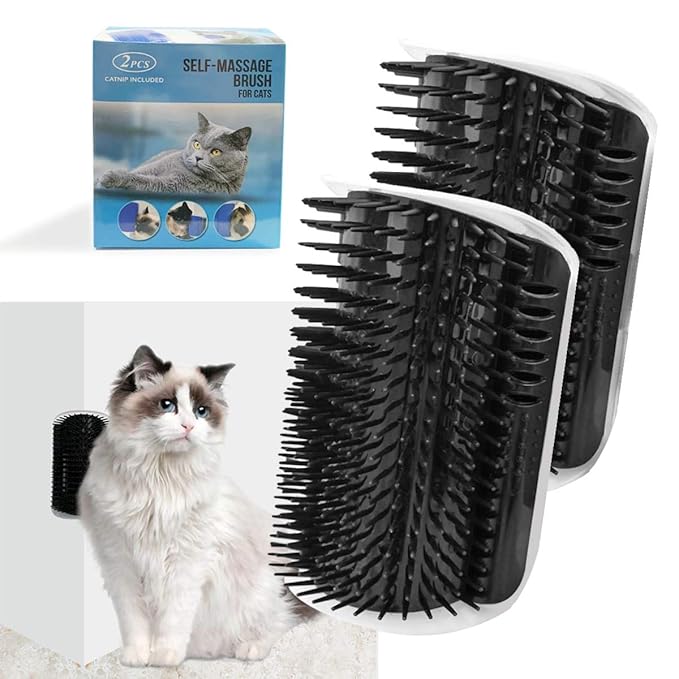 2 Pack Corner Brush for Cats, Self Groomer Grooming Wall Massage Brush with Catnip Softer Cat Wall Comb Self Massage Tool for Long & Short Fur Kitten Puppy Cat Corner Scratcher (Black)