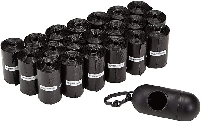 Amazon Basics Dog Poop Leak Proof Bags With Dispenser and Leash Clip, Unscented, 300 Count, 20 Pack of 15, Black, 13 Inch x 9 Inch