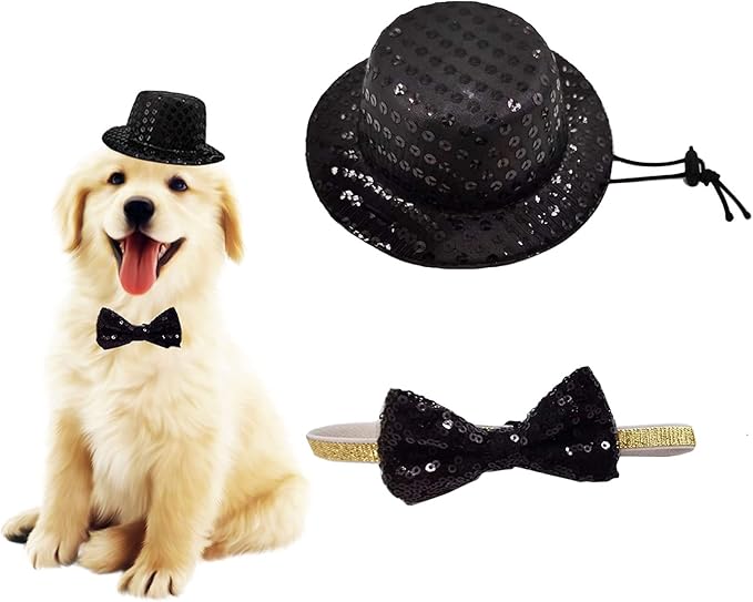 Christmas Pet Party Jazz Hat and Blingbling Bow Tie Breakaway Collar Set, Adjustable Headband for Kitten Puppy Small Dogs Cats (02 Black)
