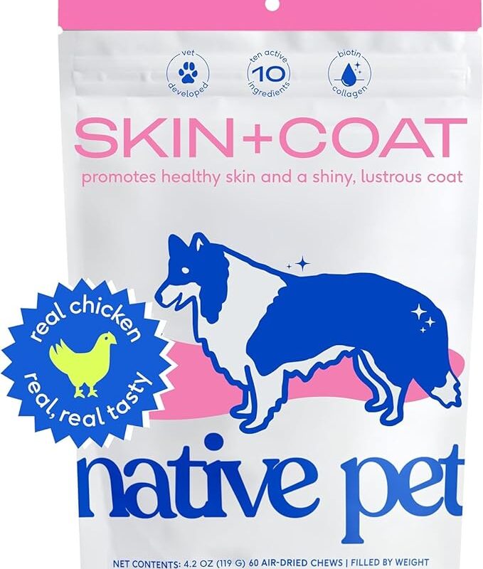 Native Pet Skin and Coat Chews for Dogs - Made with Wild-Caught Salmon Oil for Dogs Skin and Coat - Omega 3 for Dogs - Dog Shedding Supplement and Dog Hair Loss Treatment (120 Chews)