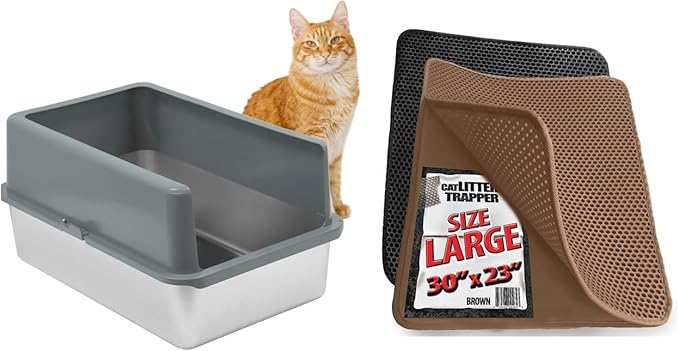 iPrimio Enclosed Sides Stainless Steel Litter Box - XL for Big Cats and Large Cat Litter Trapper Mat w/Urine/Waterproof Layer (Brown Color)