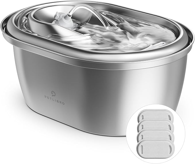 PETLIBRO Stainless Steel Cat Water Fountain, 101oz/3L Pet Water Fountain for Cats Inside, Food-Grade Dog Water Fountain, Automatic Water Dispenser with 4 Filters & 4 Sponges