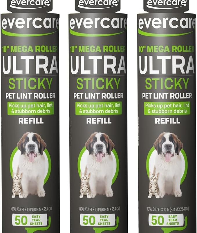 Evercare All-Purpose Pet Mega Oversized Lint Roller Refills, Green, 3-Pack (150 Sheets)
