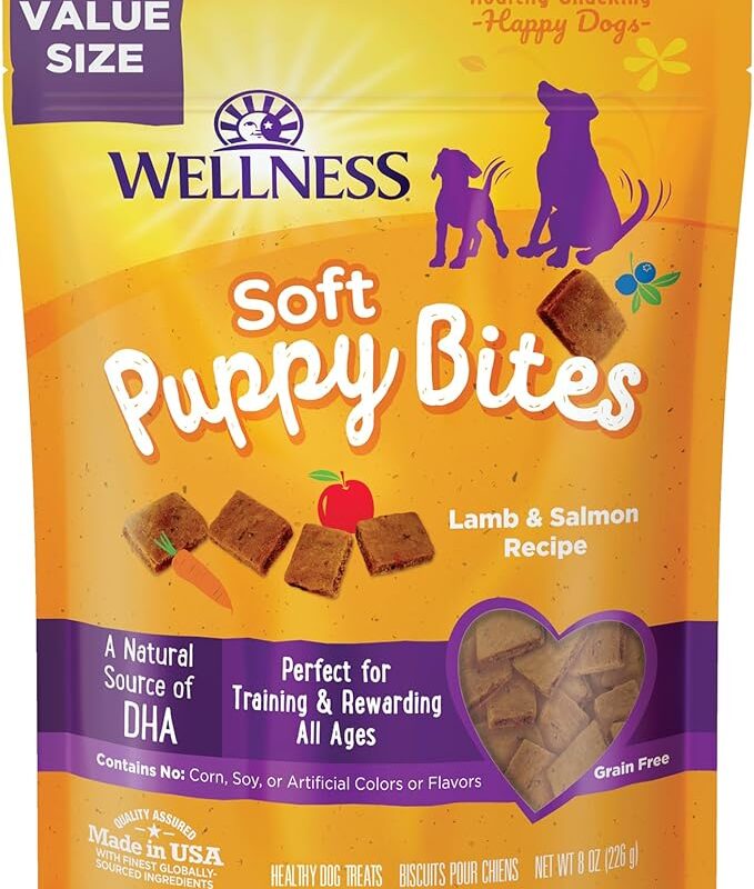 Wellness Soft Puppy Bites Healthy Grain-Free Treats for Training, Dog Treats with Real Meat and DHA, No Artificial Flavors (Lamb & Salmon, 8-Ounce Bag)