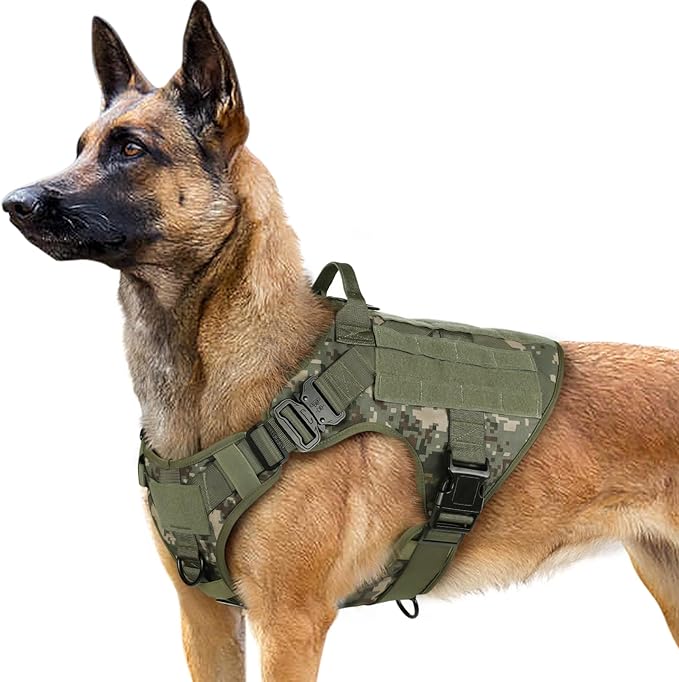 rabbitgoo Tactical Dog Harness for Large Dogs, Heavy Duty Dog Harness with Handle, No-Pull Service Dog Large Breed, Adjustable Military Dog Vest Harness for Training Hunting Walking, Green Camo, L