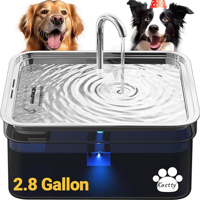Kastty Dog Water Fountain, 2.8Gal/ 355oz/10.5L Large Dog Cat Fountain w/SUS304 Ultra-Thick Stainless Steel Bowl& Larger 5 Row Filter 7-Ply Ultrafiltration& Safe Smart LED Pump, Easy to Assemble&Clean