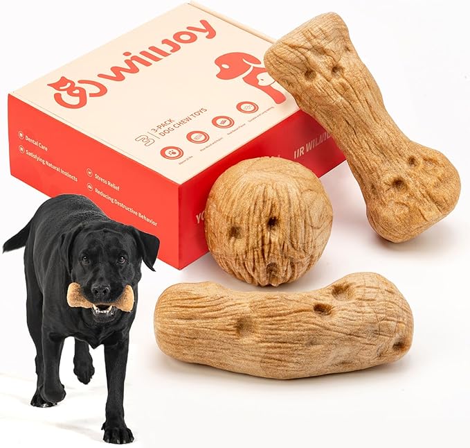 Willjoy 3-Pack Dog Toys for Aggressive Chewers Pine Wood and Nylon Dog Chew Toys Real Bacon Indestructible Dog Toys to Keep Them Busy