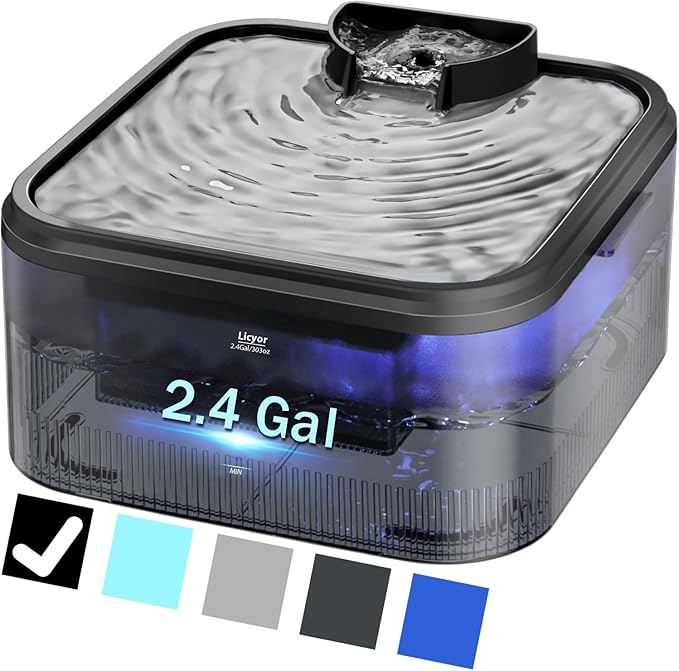 Licyor 2.4Gal/9L Large Dog Water Fountain, Pet Water Fountain Ultra Quiet Cat Fountain Water Bowl with Filtration, Adapter, Colorful LED Indicator, Water Dish for Dogs, Cats, Multiple Pets, BPA-Free