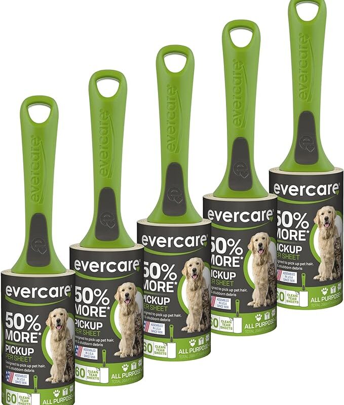 Evercare Value Pack of 5 All Purpose Stick Pet Hair Lint Rollers, 60 Sheets Each, Total 300 Sheet, Green