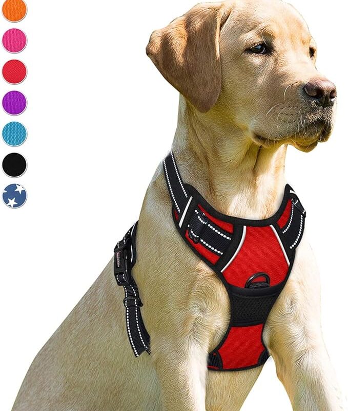 BARKBAY No Pull Dog Harness Front Clip Heavy Duty Reflective Easy Control Handle for Large Dog Walking(Red,L)