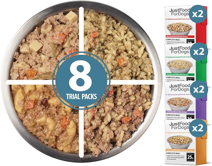 JustFoodForDogs Pantry Fresh Dog Food Variety Pack, Complete Meal or Dog Food Topper, Beef, Chicken, Turkey, & Lamb Human Grade Dog Food Recipe - 12.5 oz (Pack of 8)