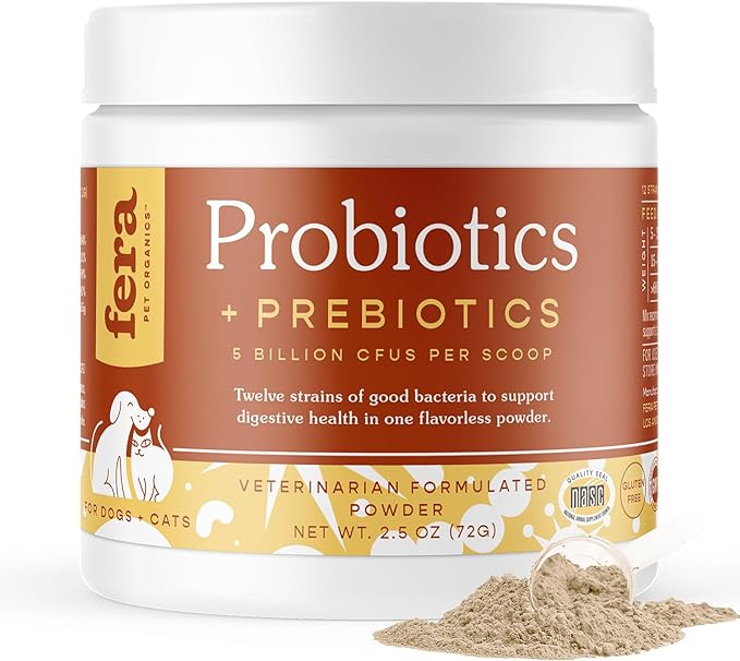 Fera Pets Organic Probiotics for Dogs & Cats - Vet Created - Cat & Dog Probiotic Supplement - 12 Strains & Prebiotics for Pet’s Digestion - 60 Scoops
