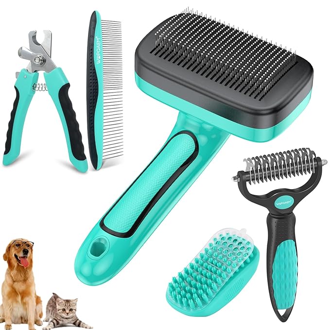 WOPQAEM Dog Brush Kit for Grooming Short & Long Haired Dogs & Cats, 5 in 1 Pet Grooming Set for Small Animals, 5 PCS Puppy Self-Cleaning Slicker Brush and Pet Comb for Shedding Medium & Large Dogs