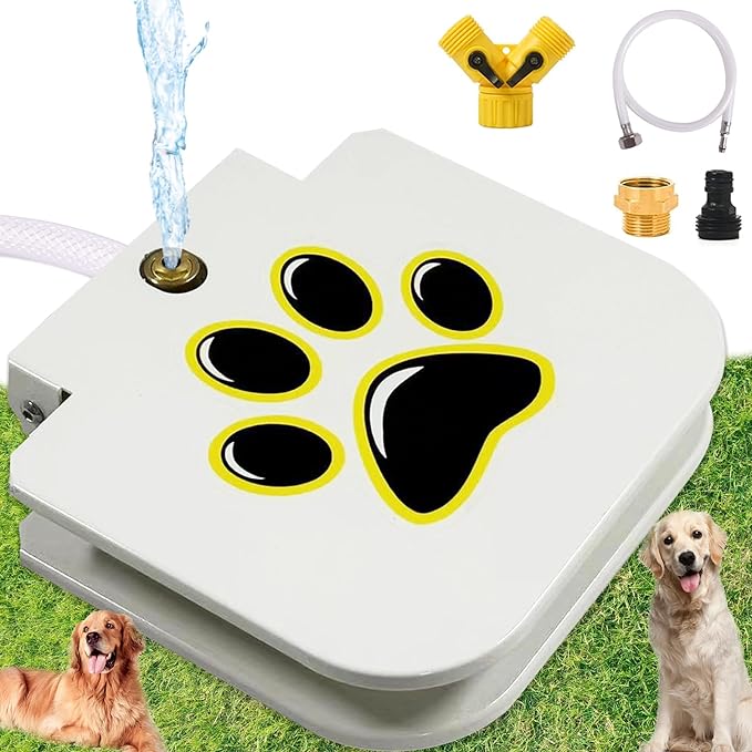Outdoor Dog Water Fountain Step On - Upgrade Large Dog Sprinkler Drinking Water Dispenser Dog Paw Waterer Activated with Stainless Steel Braided Hose