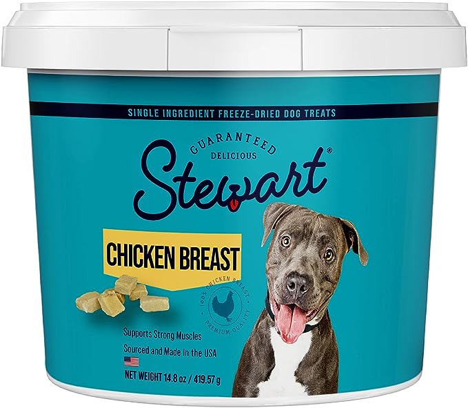 Stewart Freeze Dried Dog Treats, Chicken Breast, 14.8 oz Grain Free & Gluten Free, Resealable Tub, Single Ingredient, training treat in Beef Liver, Salmon, Chicken Liver & Chicken Breast 4, 14, 21 oz