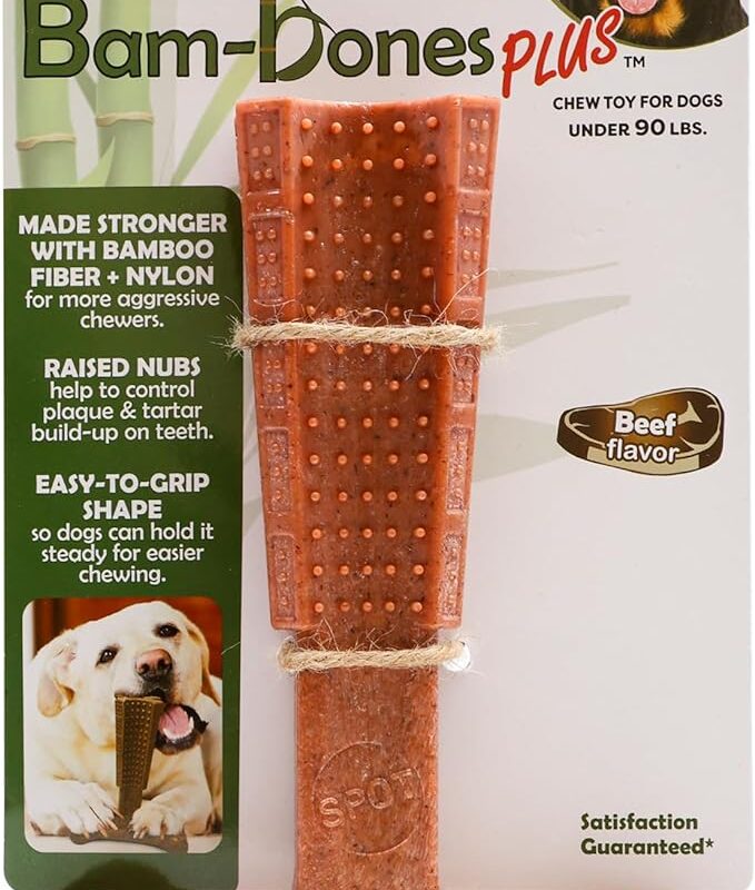 SPOT Bam-bones PLUS T Bone - Bamboo Fiber & Nylon, Durable Long Lasting Dog Chew for Aggressive Chewers – Great Toy for Adult Dogs & Teething Puppies under 90lbs, Non-Splintering, 7in, Beef Flavor