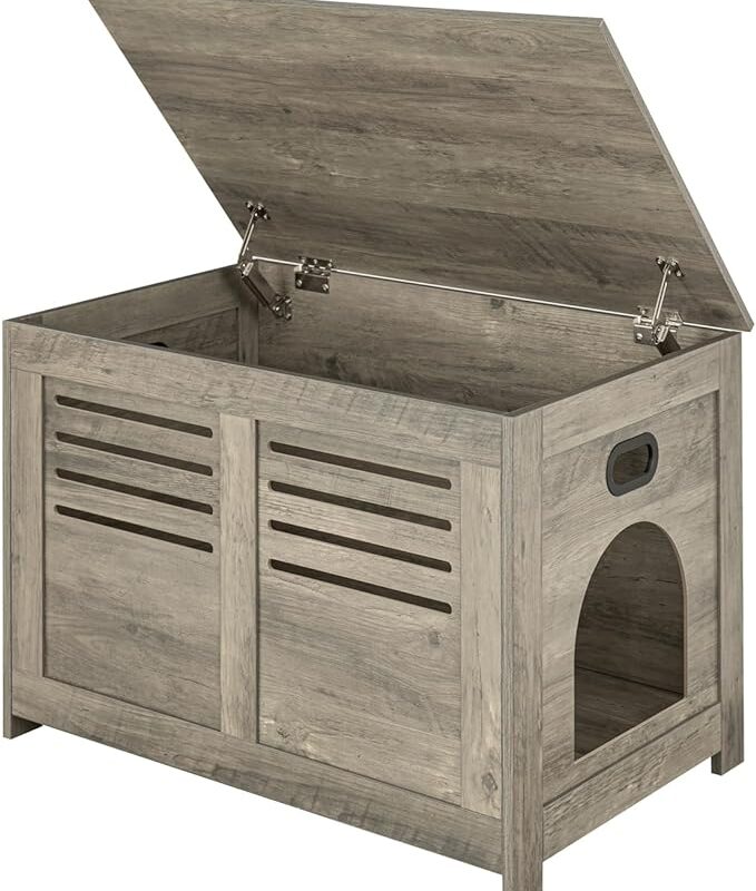 DINZI LVJ Litter Box Enclosure, Flip-Top Enclosed Litter Box, Hidden Cat Washroom with Good Ventilation, Entrance Can Be on Left or Right, Cat House Furniture for Most of Cat and Litter Box, Gray Wash