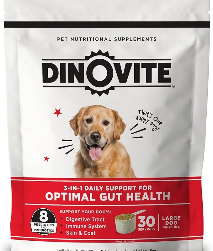 Dinovite Probiotic Supplement for Dogs - Omega 3 for Dogs - Hot Spot Relief - Skin & Coat Supplement for Dogs - 30 Day Supply (30 Day Supply, Large Dogs (45+ lbs))