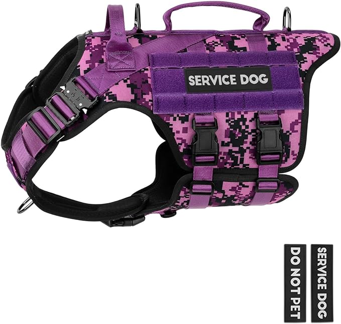 Tactical Dog Harness - PETNANNY Dog Harness Service Dog Vest for Large Breed Dog, Hook and Loop Panel for Service Dog Patchs, Work Dog MOLLE Vest with Handle for Walking Hiking Training(Purple Camo,L)