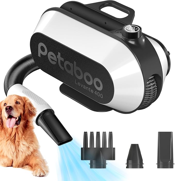 petaboo Dog Dryer Super Quiet 40db Dog Blow Dryer PetGrooming High-velocity Force Blower with 3 Nozzles Adjustable Speed and Temperature Dog Hair Dryers for Grooming