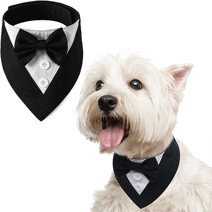 FUAMEY Dog Tuxedo,Formal Dog Wedding Bandana Dog Collar with Bow Tie Dog Birthday Costume Adjustable Pet Party Tux Dog Wedding Attire,Dog Valentines Outfit Cosplay for Small Medium Large Pets Black-S