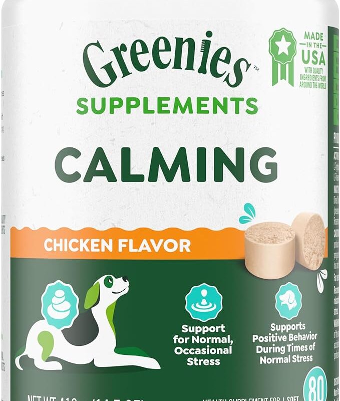 Greenies Supplements Calming Chews for Dogs Chicken Flavor, 80 Count Soft Chews Dog Calming Supplements, 4.7 oz Container