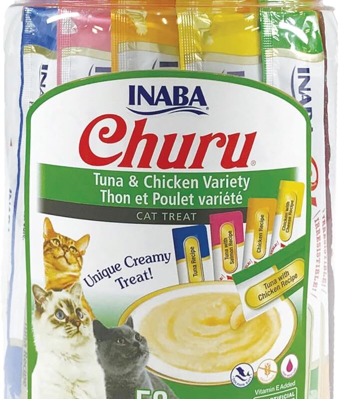 INABA Churu Cat Treats, Grain-Free, Lickable, Squeezable Creamy Purée Cat Treat/Topper with Vitamin E & Taurine, 0.5 Ounces Each Tube, 50 Tubes, Tuna & Chicken Variety