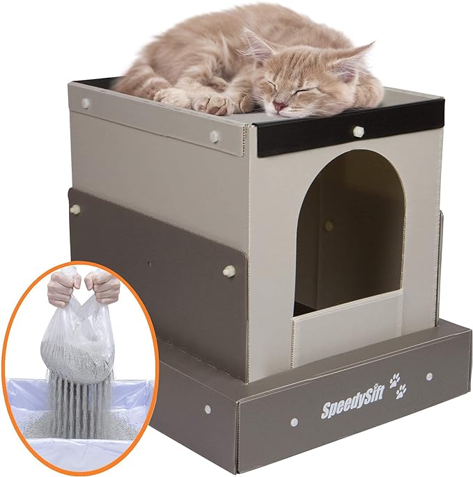 SpeedySift Hooded Cat Litter Box Starter Kit, includes Disposable Sifting Liners, Plastic Cardboard Box with 5 Year Warranty