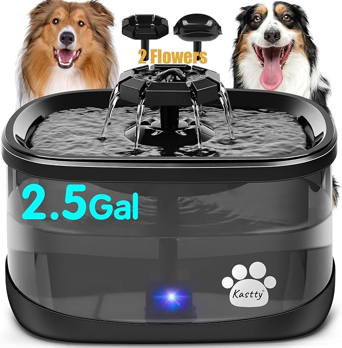 Kastty 2.5Gal/9.5L Dog Water Fountain 3 Flow Modes Cat Fountain with 2 Flower Spouts& 7" Larger Filter Super Filtration& Smart 3 in 1 LED Safe Pump, BPA-Free, Quiet, Ideal for Large Dogs& Multi Pets