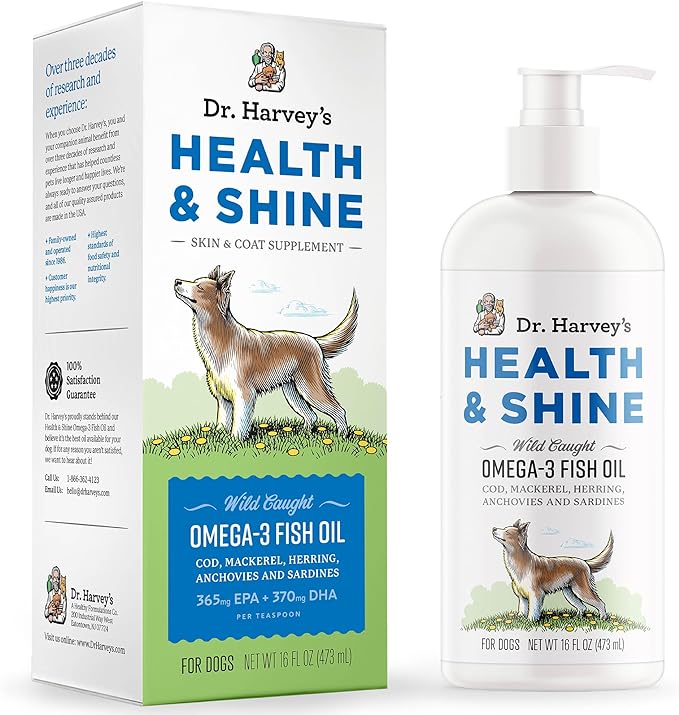 Dr. Harvey’s Health & Shine Omega 3 Fish Oil for Dogs from Wild Caught Cod, Mackerel, Herring, Anchovies and Sardines - Supports Beautiful Fur, Strong Joints and Itchy Allergy Relief (16 FL OZ)