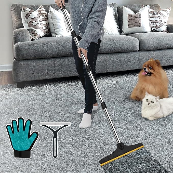 B-Land Carpet Rake for Pet Hair Removal, Reusable Pet Hair Remover with 60” Adjustable Long Handle, Carpet Scraper Dog Cat Hair Remover Tool for Rugs, Mats, Couch, Furniture