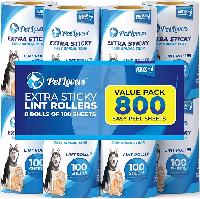 PetLovers Extra Sticky Lint Roller 8 Pack of Refills Only - No Handle Included - 100 Sheets Per Refill 800 Sheets Total