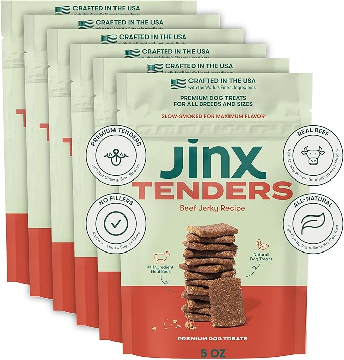 Jinx Tenders Soft Jerky Natural Dog Treats - Made with Slow-Smoked Real Beef & Liver, No Fillers, Low-Calorie - for Puppies, Adult, and Senior Dogs, 5 oz. Bags, 6-Pack - Beef
