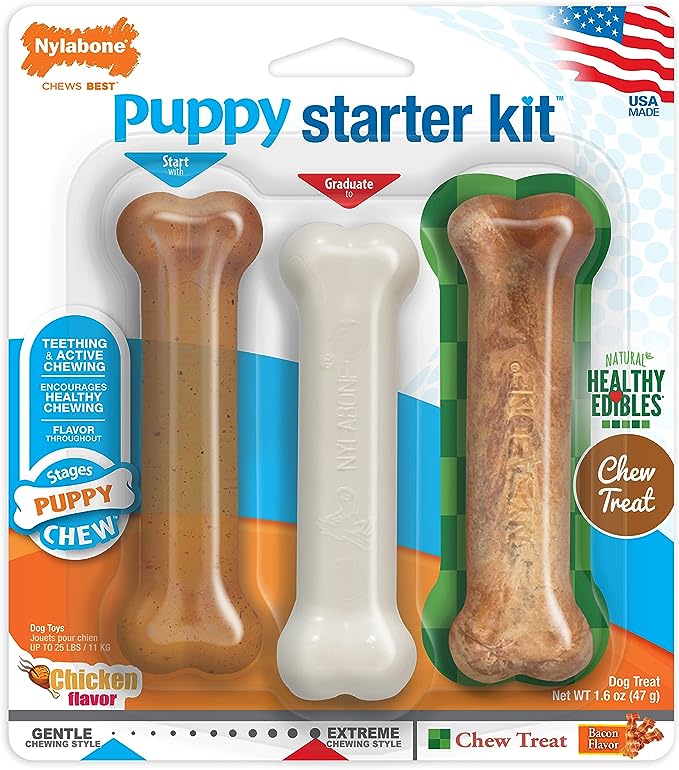 Nylabone Puppy Triple Pack - Blue Puppy Teething Toy, Nylon Dog Toy, & Chew Treat Variety Pack - Puppy Supplies - Chicken & Bacon Flavor, Small/Regular (3 Count)