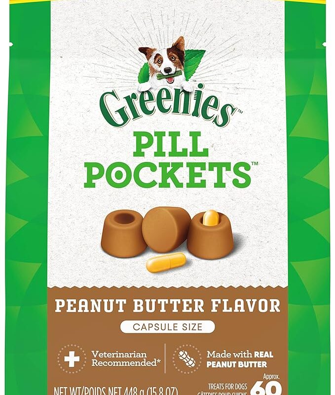 Greenies Pill Pockets for Dogs Capsule Size Natural Soft Dog Treats with Real Peanut Butter, 15.8 oz. Pack (60 Treats)