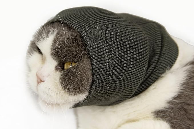 DDFS No Flap Ear Wrap for cats,Pet Soothing Hoodie for Dogs&Cats-Anxiety & Stress Relief - Cat Ear Wrap Injury Grey S