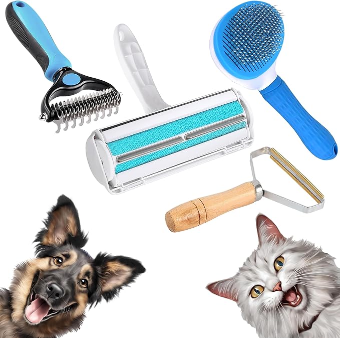 Generic Pet Hair Remover kit. Hair Remover Roller on Fabric Surfaces+Brush for Dog or cat+Wide Double-Sided Deshedding Brush+Hair Remover rake for Carpet and Wool, Large, Blue, Black, Wood