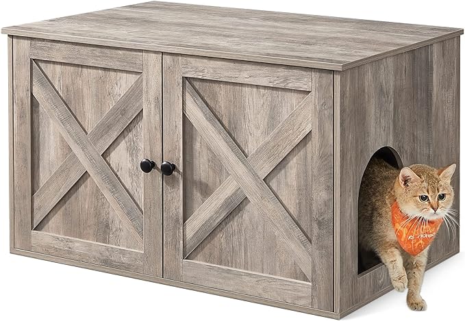 Feandrea Cat Litter Box Enclosure, Litter Box Furniture Hidden with Removable Divider, Indoor Cat House, End Table, 31.5 x 20.9 x 19.7 Inches, Greige UPCL002G01